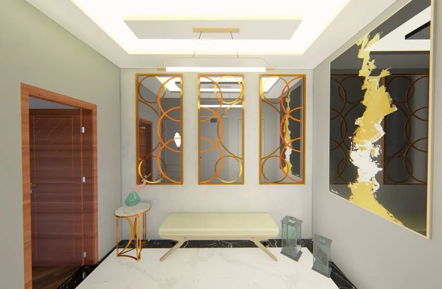 Hall com espelhos de molduras geométricas