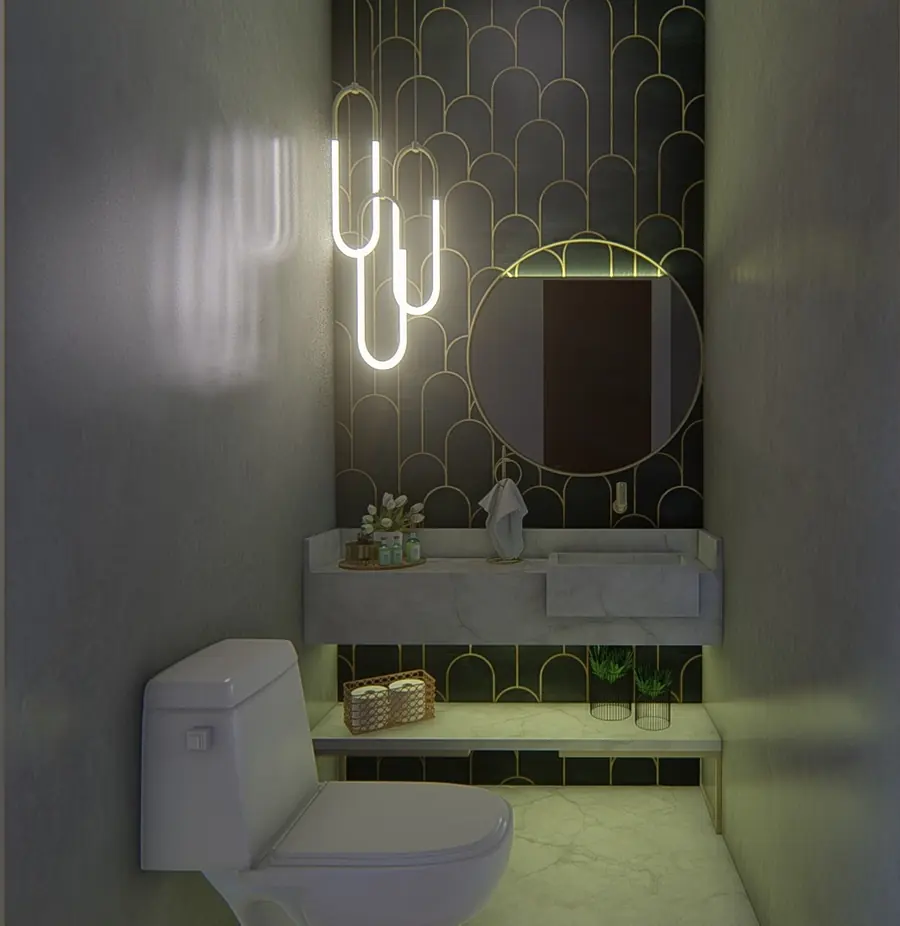 Lavabo com revestimento em leque e espelho redondo