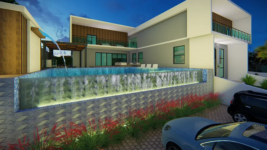 Piscina de borda infinita sobre o muro de arrimo