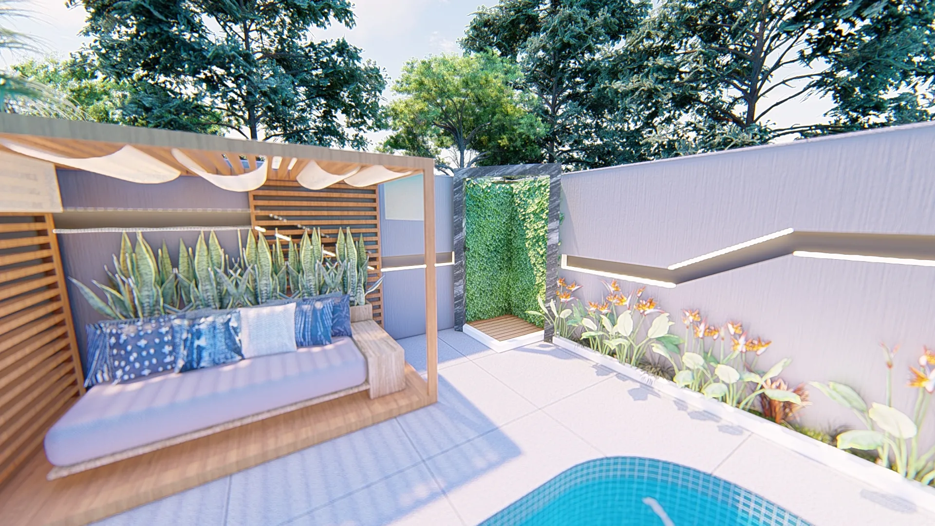 Opção 1: lounge com pergolado e futon
