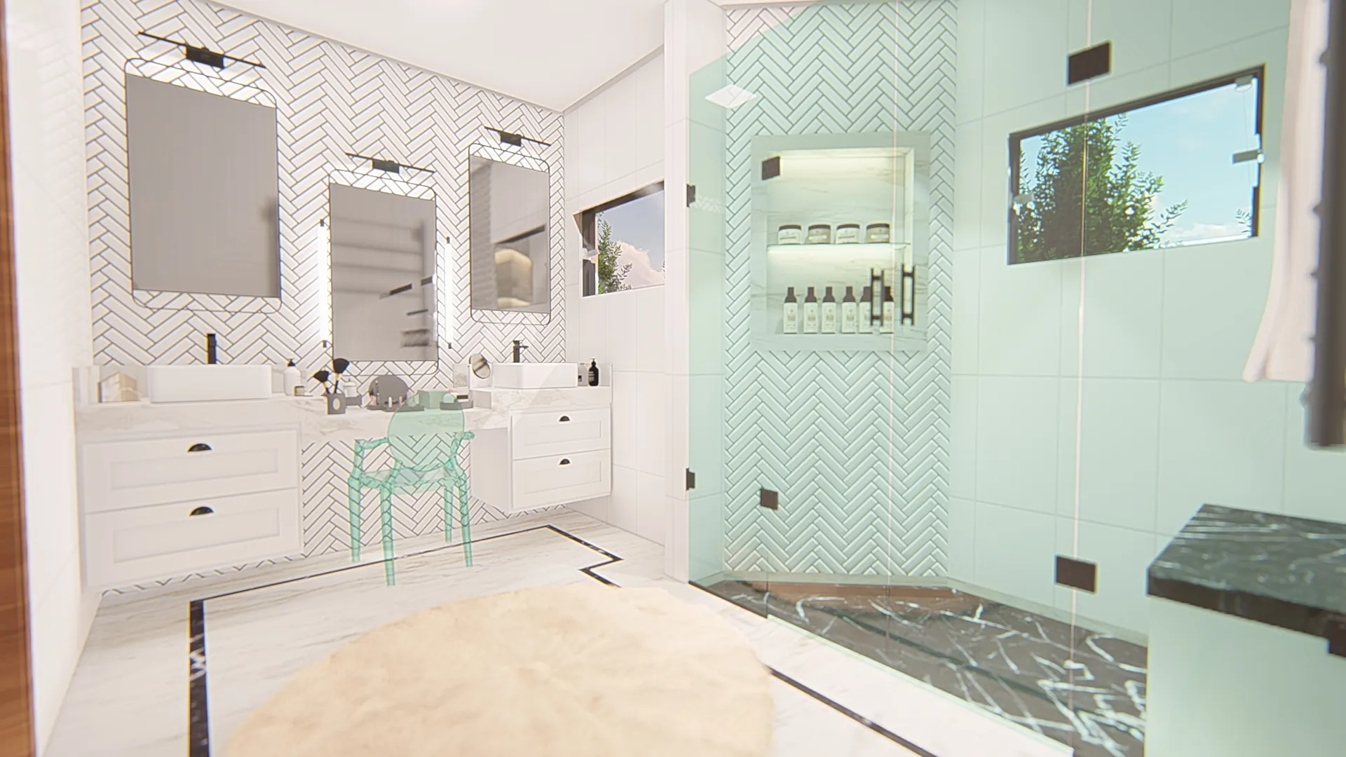 Banheiro da suíte com box em vidro e revestimento verde-água