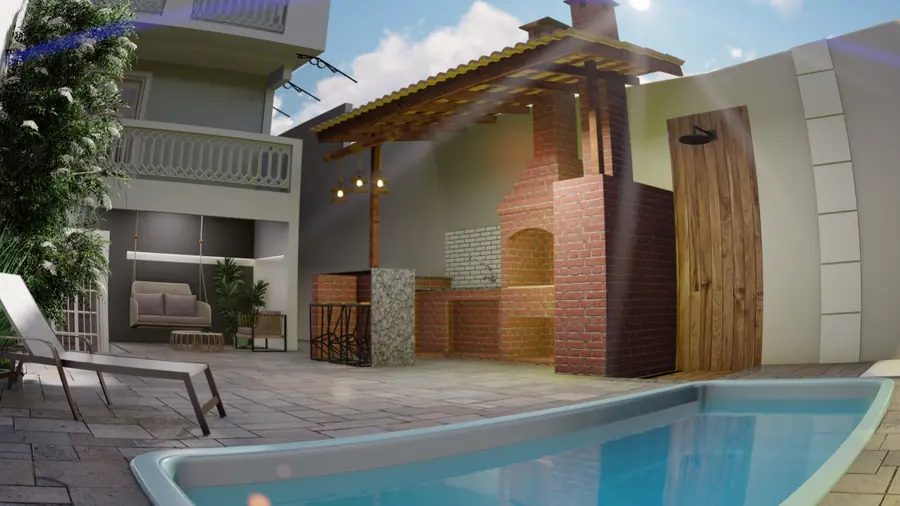 Render da área de lazer vista da piscina